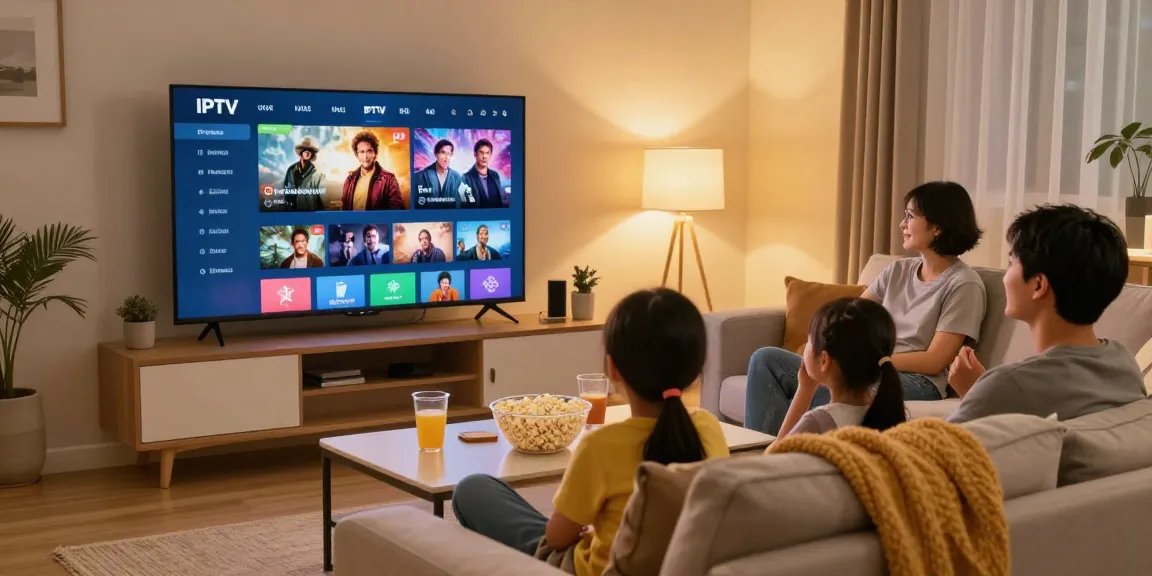 Familie nutzt Germany IPTV im gemütlichen Wohnzimmer mit großem Fernseher und Snacks.