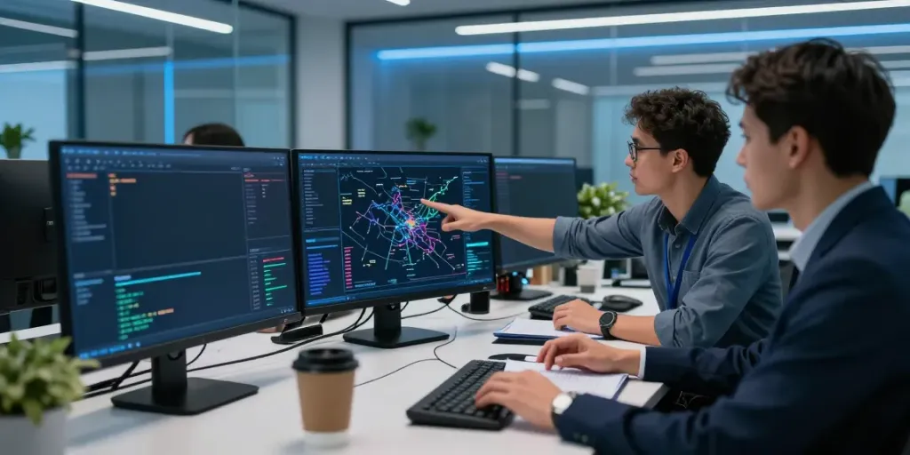 IT Security Firma bei der Risikoanalyse und Bedrohungserkennung in einem modernen Büro.