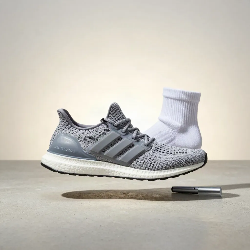 Adidas Ultraboost 5 mit Socke und Trainingsmarker auf hellem Beton, von oben inszeniert