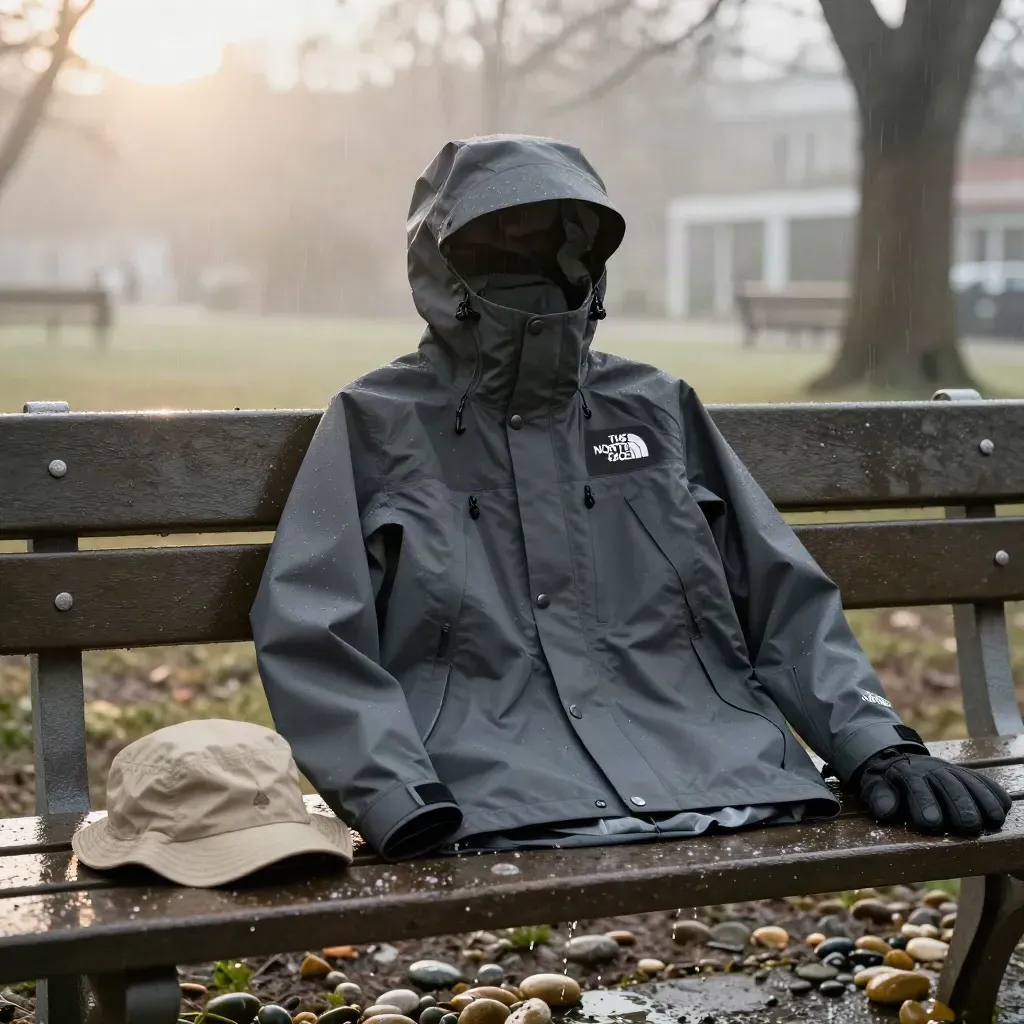 Dunkelgraue Quest-Jacke auf nasser Bank mit Handschuhen und Trailcap im Nebel