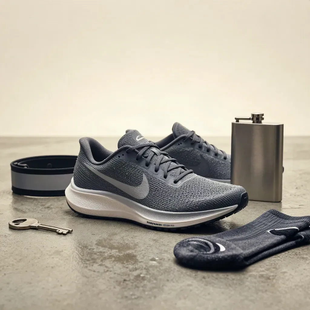 Nike Laufschuhe mit Laufgürtel, Trinkflasche und Windjacke auf nassem Studio-Boden.