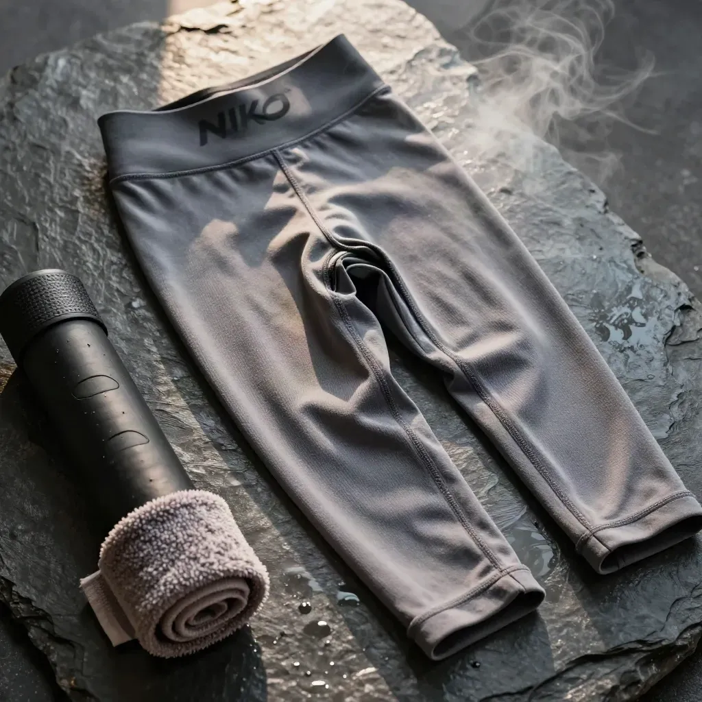 Nike Pro 365 Leggings in S-Form auf nassem Schiefer mit Widerstandsband und Handtuch
