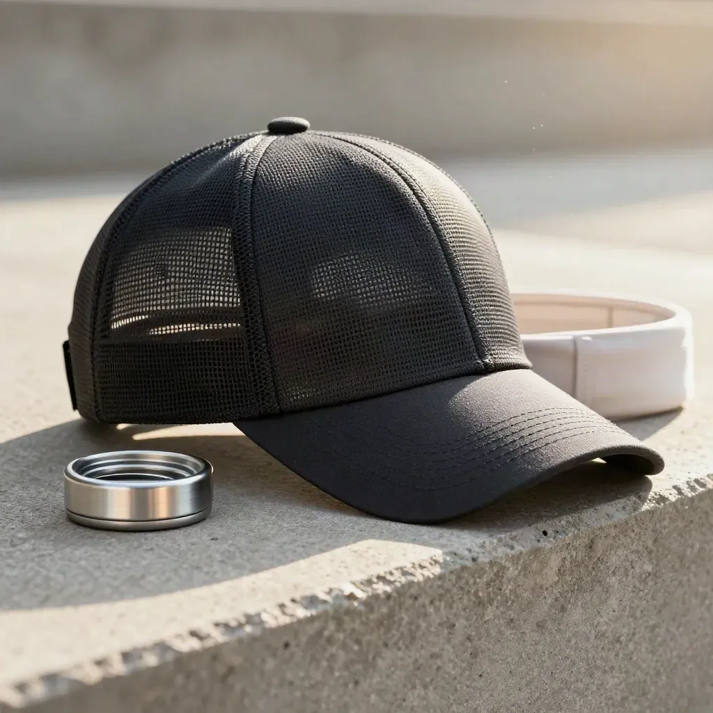 Puma Trainingscap auf Betonkante mit Flasche und Stirnband, von Wind bewegt.
