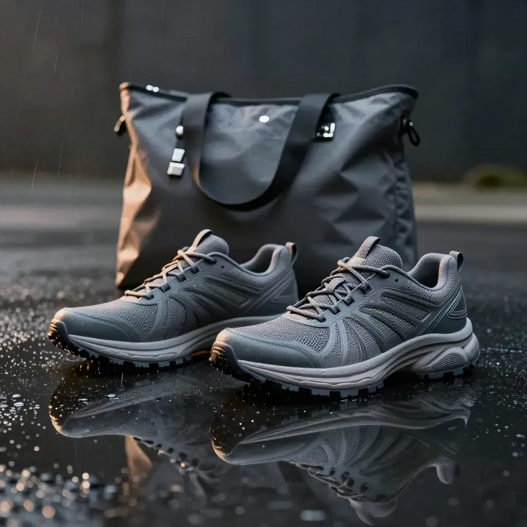 Graue Waterproof-Laufschuhe mit Tote-Bag auf nasser schwarzer Fläche, Pfützenreflex und Spritzwasser.