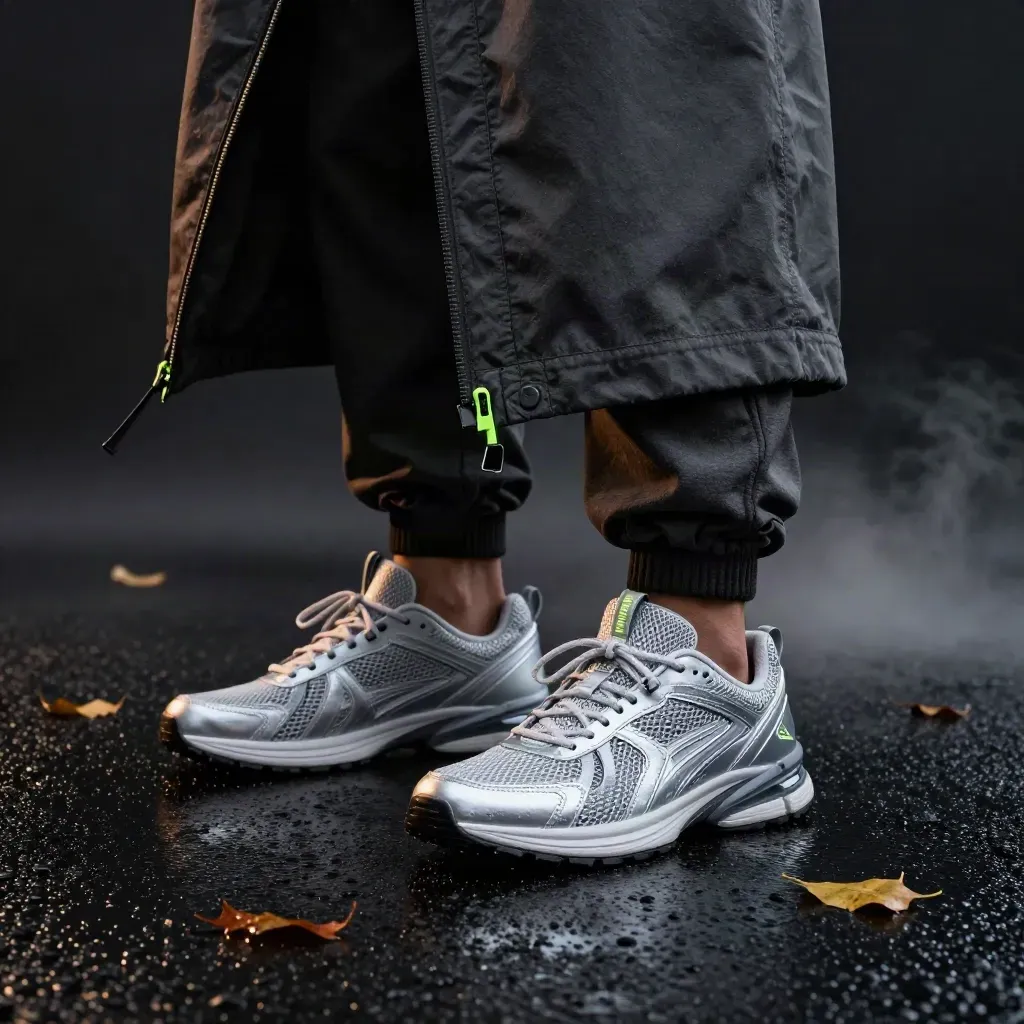 Herbst-Run-Set aus Jacke, Hoodie und Sneakern auf nassem Asphalt mit Neon-Grün-Akzent.