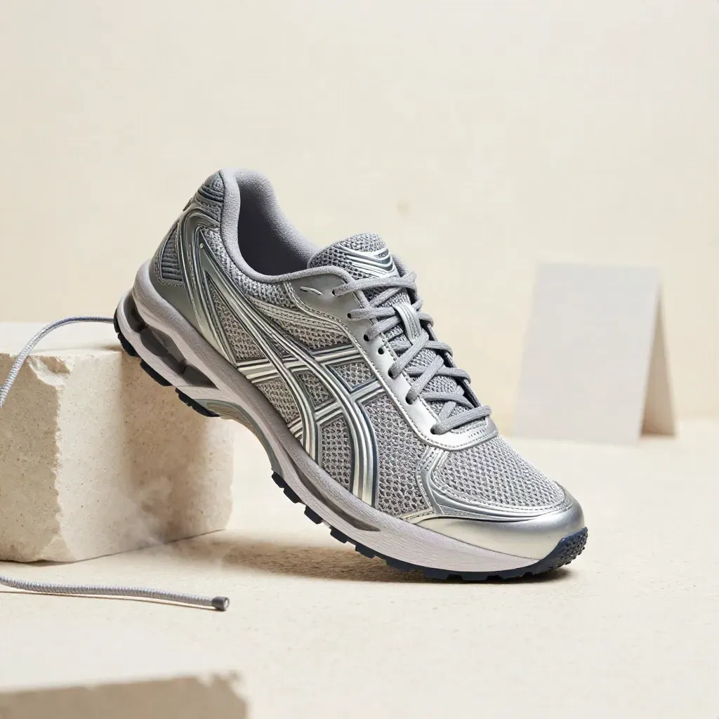 Asics Laufschuh in Mineralgrau neben Steinblock und Kordel, hell und premium inszeniert.
