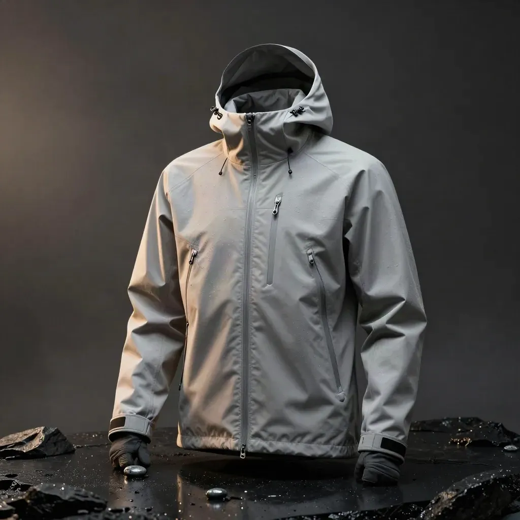 Grauer Outdoor-Shell mit Kapuze, im Wind auf dunkler Fläche, mit Handschuh und nassem Kiesel.