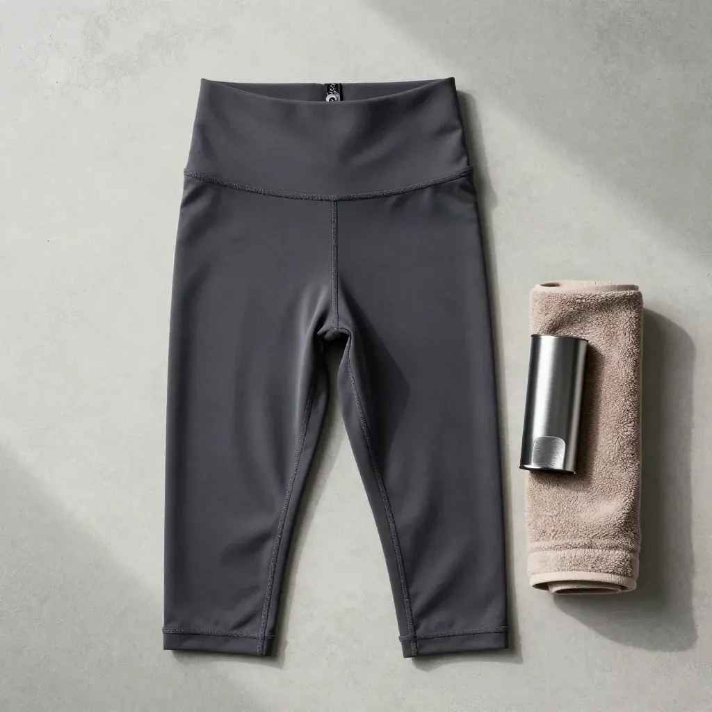 Dunkelgraue Leggings im S-Schwung mit Handtuch und Metallmanschette auf hellem Beton.