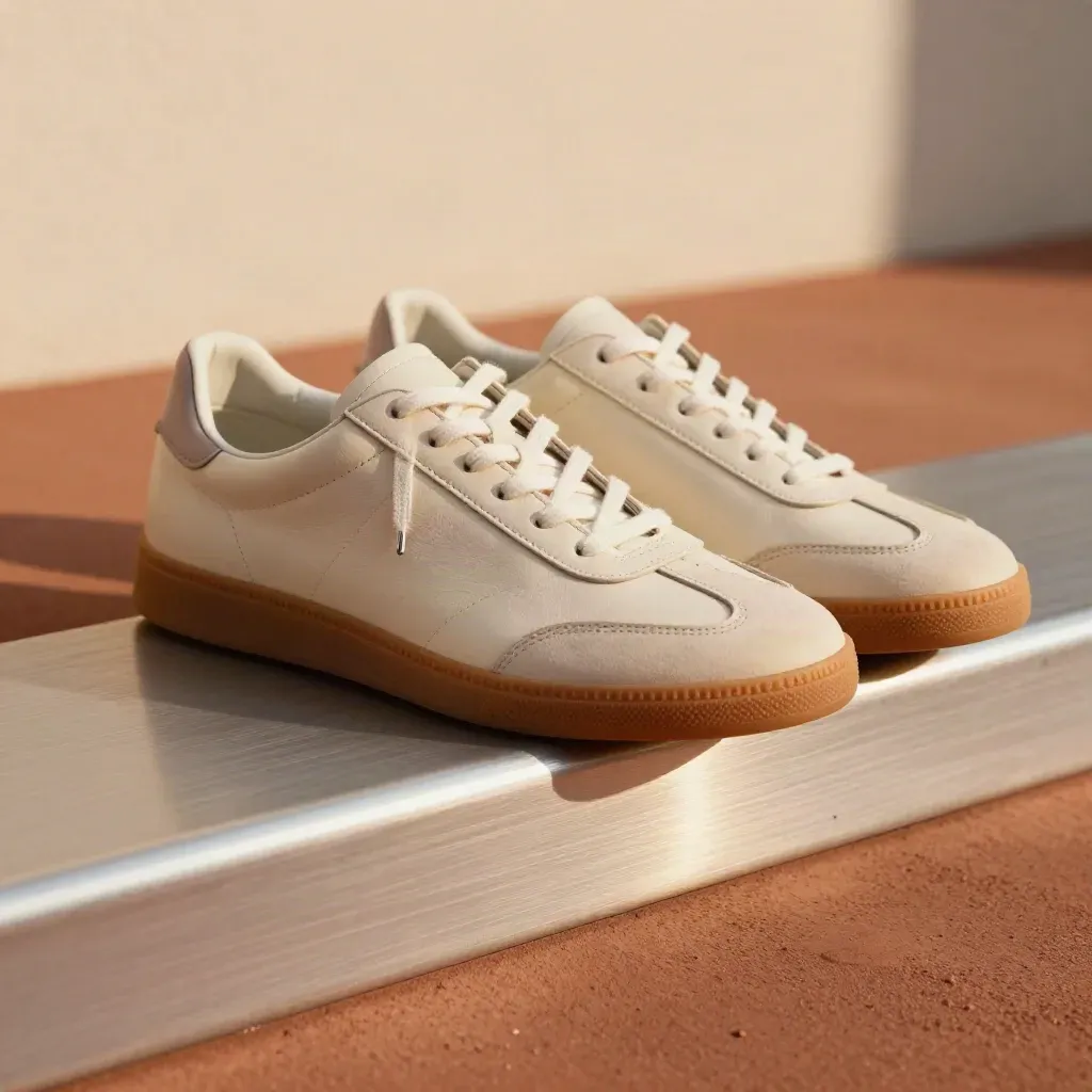 Creamfarbener Sneaker mit Gumsohle neben Alustufe, extreme Nahaufnahme