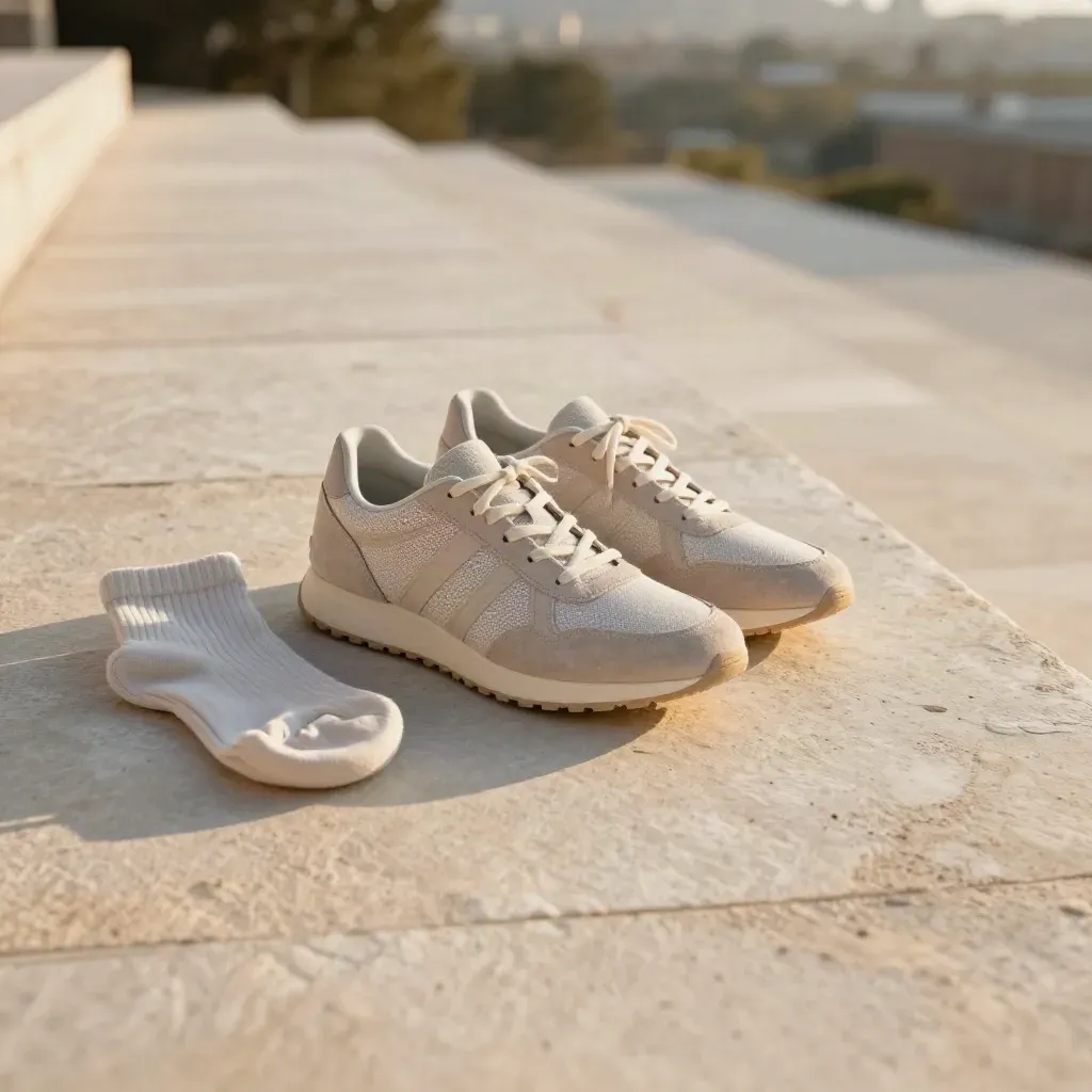 Sneakerpaar auf heller Kalksteinterrasse mit weichem Stadtgrün im Hintergrund