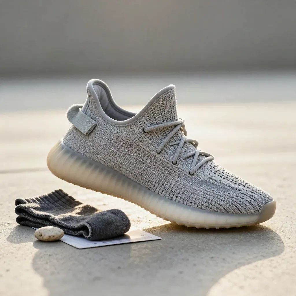 On Cloudsurfer Sneaker mit Socke und Stein auf hellem Beton, Ferse angehoben