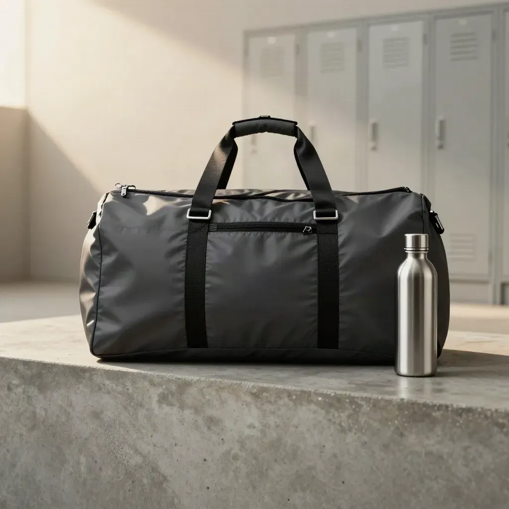 Mattschwarze Duffeltasche mit Schuhspitze und Flasche auf hellem Beton, im Studio heroisch inszeniert.