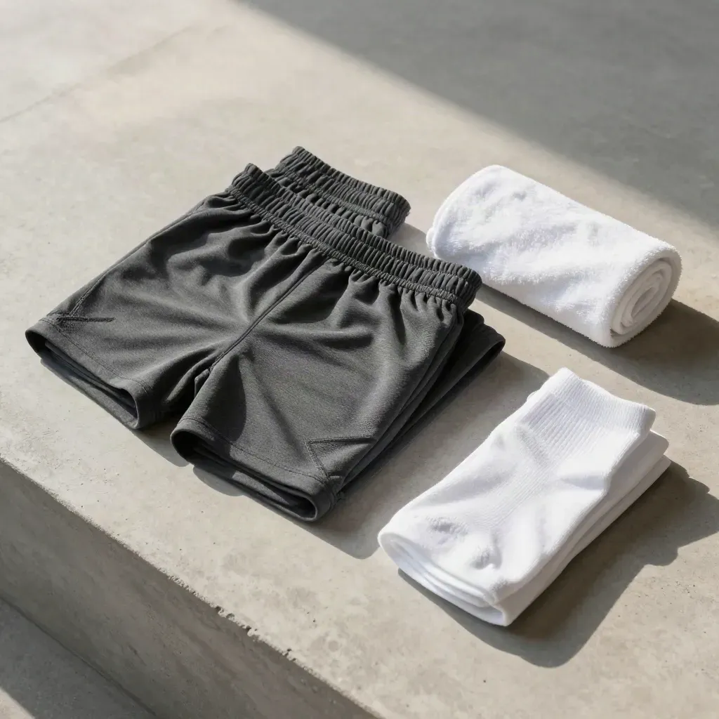 Zwei gefaltete Shorts, Handtuch und Sportsocken als präzises Flatlay auf hellem Beton.
