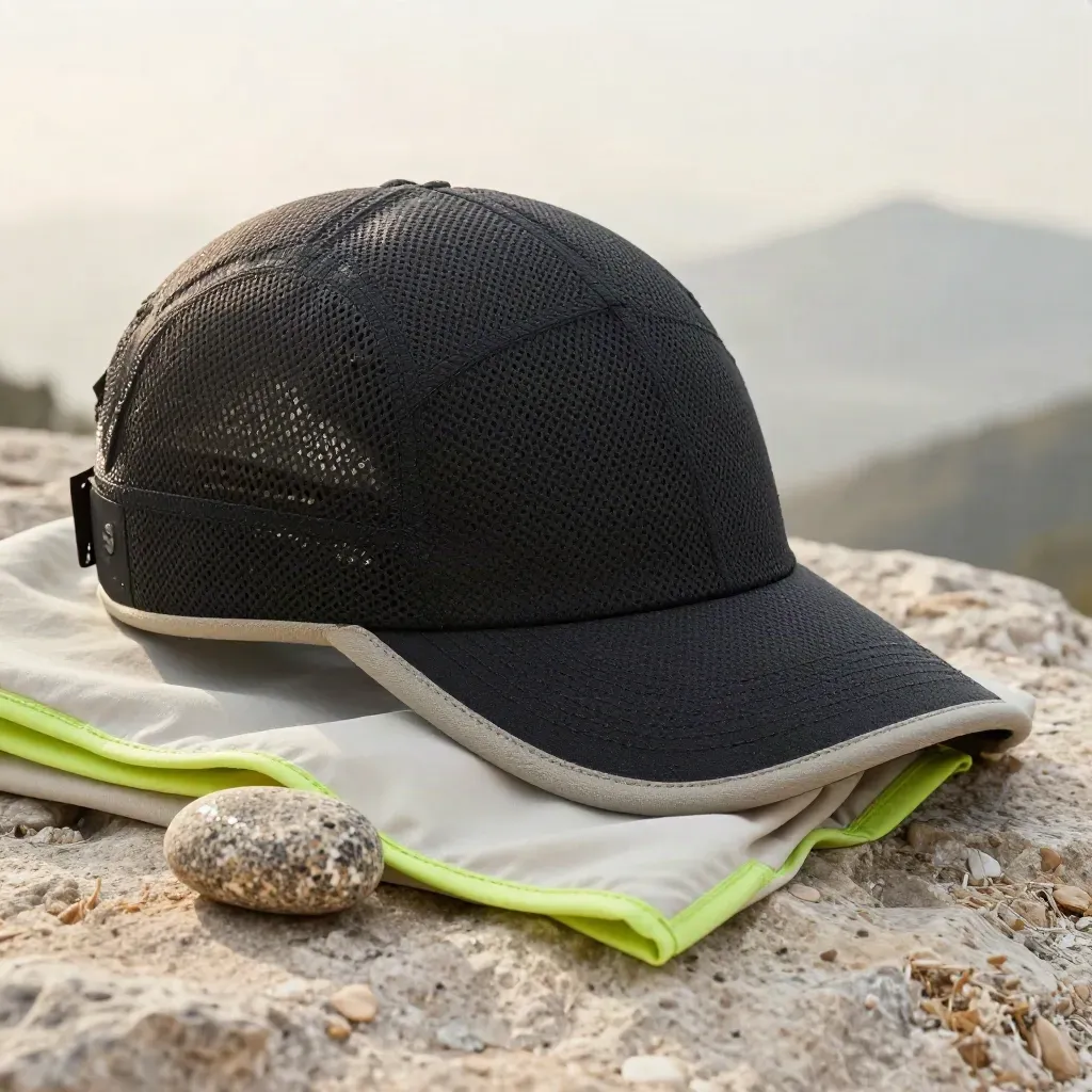 Schwarze Laufkappe neben gefaltetem Trail-Buff und Stein im kühlen Bergnebel